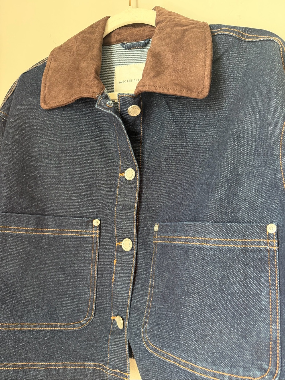 Avec Les Filles Denim cotton Jacket with Brown faux suede Collar - Picture 6 of 7